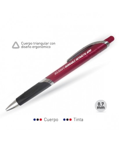 Bolígrafo sistema Retráctil con tinta borrable.